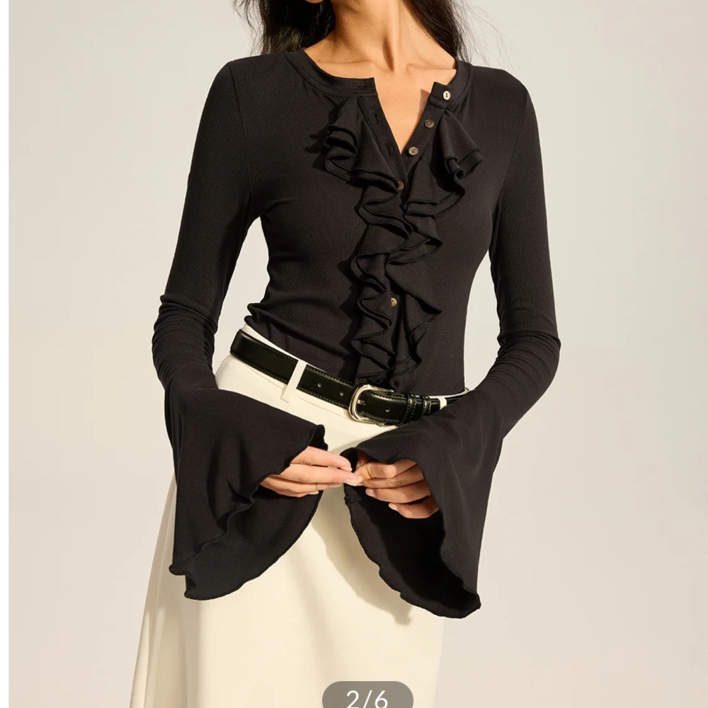 Commense Flared Sleeve Ruffled Button T-Shirt - Picture 2 of 3